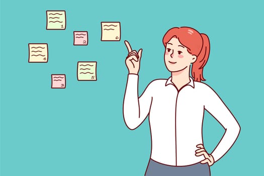 Smiling businesswoman point at sticky notes with numbers planning tasks. Happy woman prioritize to do list, share work schedule. Time management concept. Vector illustration.