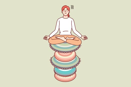Calm woman sitting on stack of zen rocks meditating. Peaceful female practice yoga involved in meditation session. Healthcare and peace. Vector illustration.