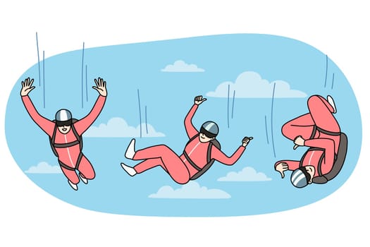 Happy person in protective suit falling down from sky with parachute. Concept of free falling. Extreme sport. Flat vector illustration.