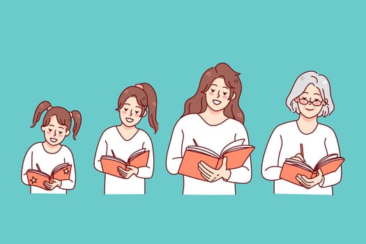 Woman writing in diary all her life. Small girl, adult woman and old grandmother handwriting in planner or journal, making memories. Vector illustration.