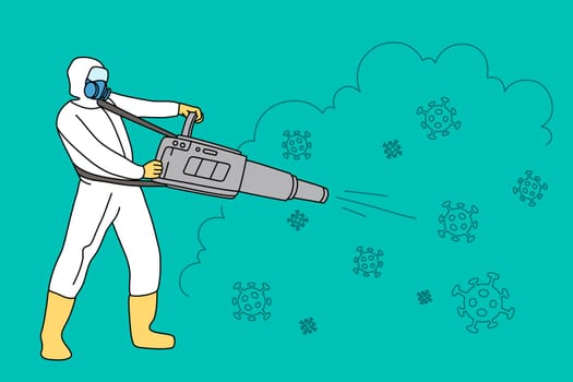 Man worker in protective suit disinfect surroundings from infection. Male employee in uniform involved in disinfection. Epidemic virus killing. Vector illustration.