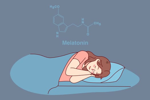 Calm woman sleeping in bed having melatonin hormone produced. Happy girl asleep at home, enjoying peaceful nap or dream. Healthy sleeping and science. Vector illustration.