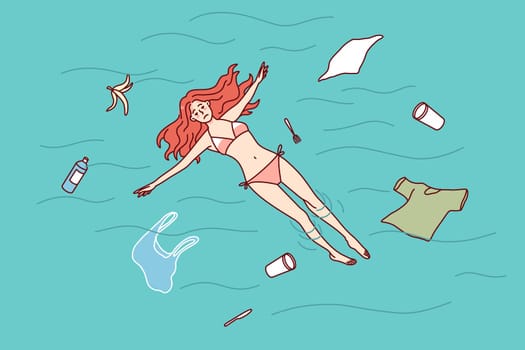 Sad woman swimming in polluted ocean water. Unhappy girl distressed with nature environment pollution. Concept of ecology problems. Flat vector illustration.