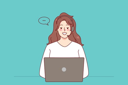 Woman in headphones working on computer in office online. Smiling female call center agent in headset talking with customer using laptop. Helpline. Vector illustration.