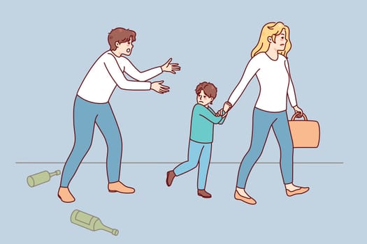 Woman take child leave alcoholic husband. Wife with small kid go away from addicted father. Alcohol addiction and family divorce. Vector illustration.