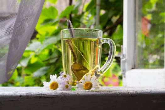herbal chamomile tea bags, transparent tea cup of aromatic green tea with chamomile, on a old window background in rustic village, relaxing natural hot drink
