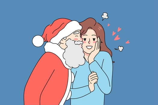 Santa Claus in red costume kissing excited young woman in cheek. New Year and Christmas celebration. Winter holidays. Flat vector illustration.