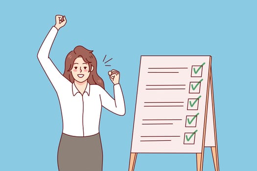 Happy businesswoman triumph with business tasks succeed. Smiling woman employee complete to do list. Schedule and time management and organization. Planner. Vector illustration.