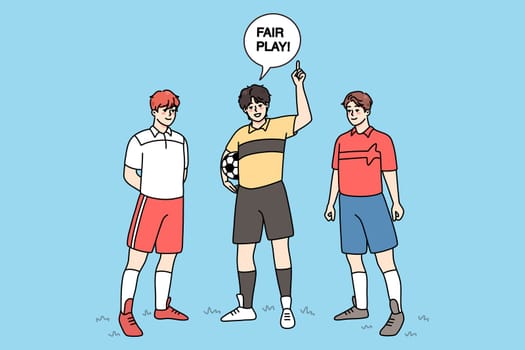 Referee with football players announce fair play on field. Sports activity concept. Men playing football outdoors. Flat vector illustration.