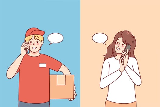Female client talking on phone with deliveryman. Woman speaking on cellular with courier delivering parcel. Delivery service concept. Vector illustration.