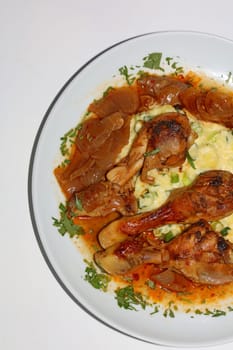Chicken legs close up braised with butcher's onions served with mashed herb potatoes greek cuisine modern high quality print