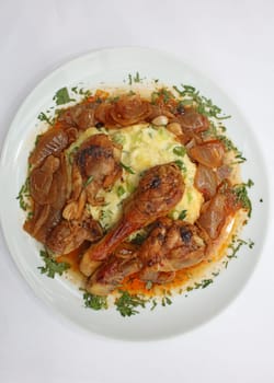 Chicken legs close up braised with butcher's onions served with mashed herb potatoes greek cuisine modern high quality print
