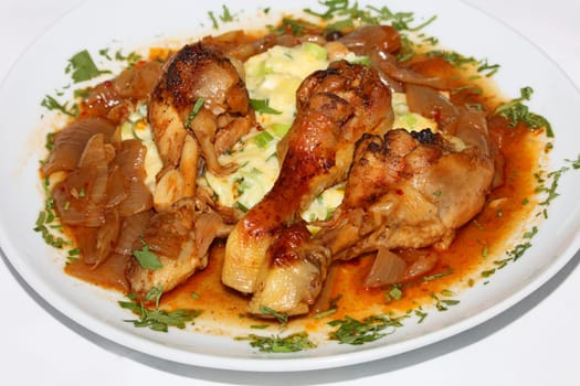 Chicken legs close up braised with butcher's onions served with mashed herb potatoes greek cuisine modern high quality print
