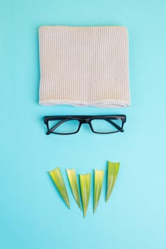 Human face of a man made with a wool hat, glasses and leaves as a beard, funny minimalist portrait, eco freak lifestyle, nerd