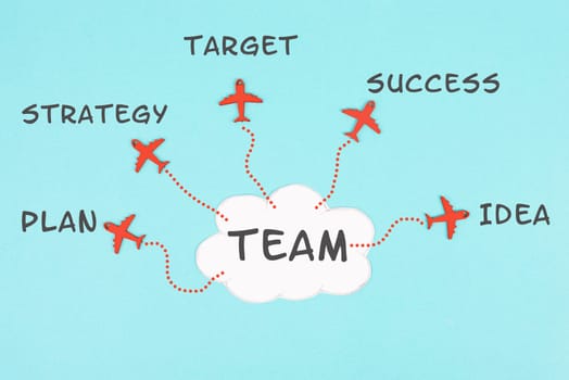Cloud with the word team, red airplanes flying in different directions, words like plan,target, idea,strategy and success are standing in the sky, teamwork in business