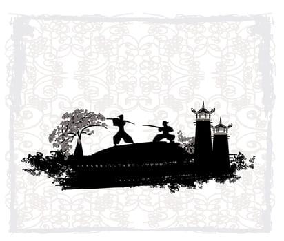 Samurai silhouette in abstract Asian Landscape