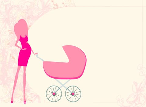 mother silhouette with baby stroller card