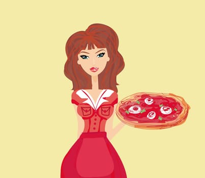 beautiful woman waitress enjoys pizza