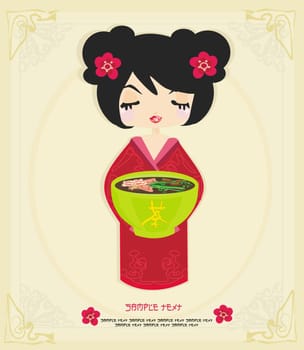 beautiful Asian little girl enjoy Japanese food - menu template