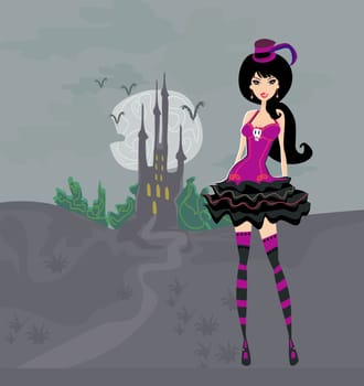 grunge Halloween young sexy girl on fear castle landscape