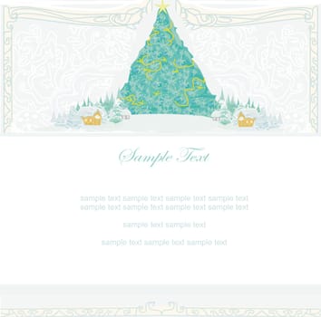 Abstract christmas tree in winter village landscape card