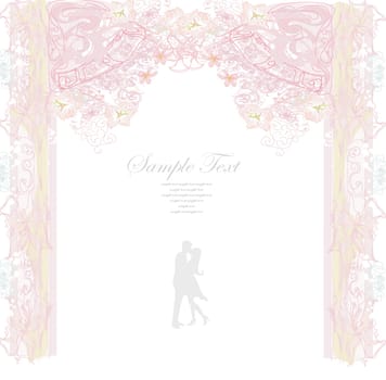 Floral greeting card with silhouette of romantic kissing couple
