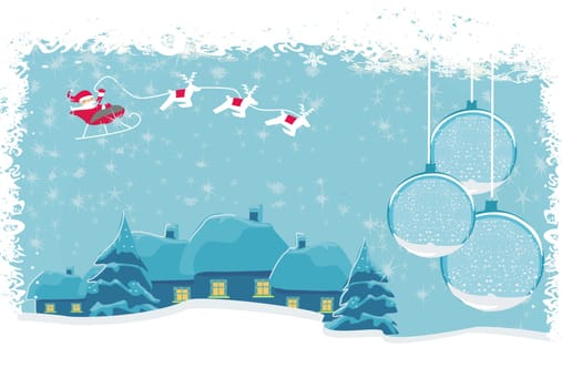 Happy New year card with Santa and winter landscape