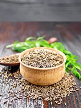 Cumin seeds in bowl, spoon and on the table, a green sprig of a plant on dark wooden board background