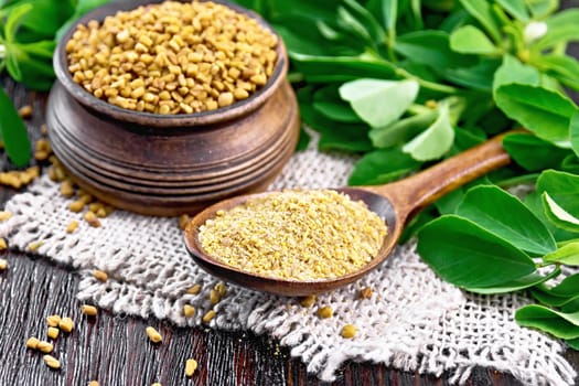 Ground fenugreek in a spoon and seeds in a bowl on a burlap napkin with green leaves against dark wooden board