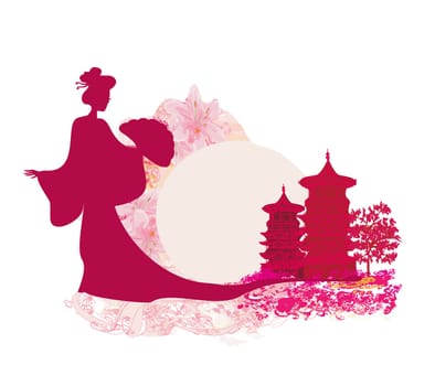 old paper with geisha silhouette on abstract Asian Landscape