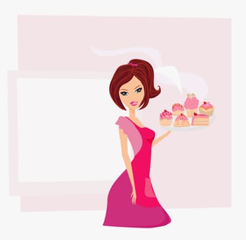 Young happy housewife serving cookies
