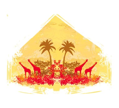 grunge background with giraffe silhouette on African fauna and flora