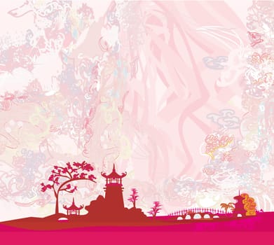 old paper with Japanese temple on abstract Asian Landscape