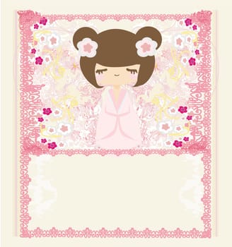 Kokeshi doll on the pink background with floral ornament