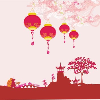 old paper with Asian Landscape and Chinese Lanterns