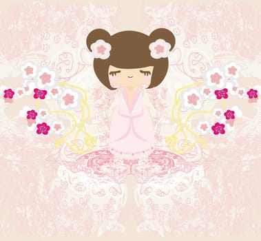 Kokeshi doll on the pink background with floral ornament