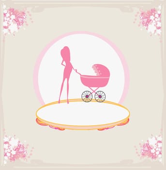 mother silhouette with baby stroller card