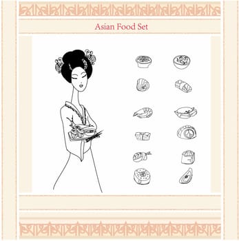 Asaian girl and sushi menu doodle set