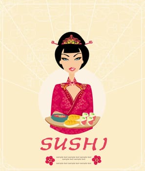 beautiful Asian girl enjoy sushi - card