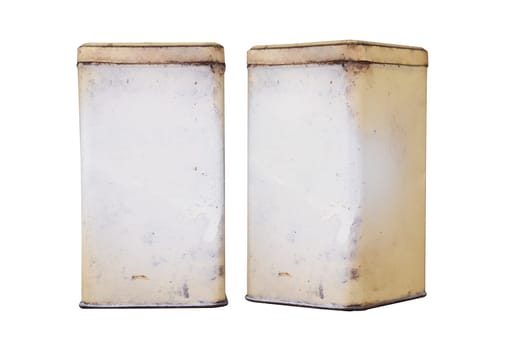 front view and side view closeup of vintage kitchen food storage rusted metallic containers isolated on white background