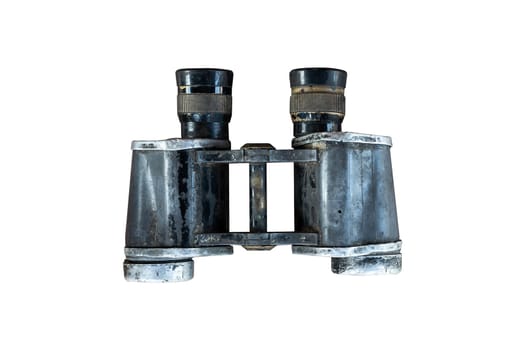 top view closeup of old vintage metallic binoculars isolated on white background