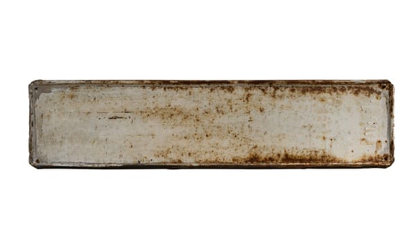 horizontal front view closeup of square empty rusted metal signboard plate with weathered texture isolated on white background