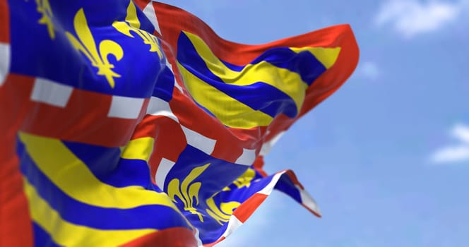 Rear view of the Burgundy flag waving in the wind on a clear day. Burgundy is a historical territory and former administrative region and province of east-central France. Selective focus