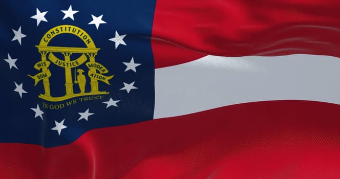Close up of the state flag of Georgia waving in the wind. Georgia is a state in the Southeastern region of the United States. Democracy and independence.