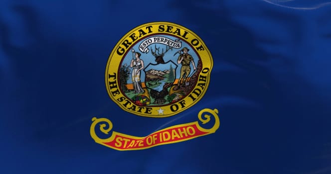 Close up view of the Idaho state flag waving. Idaho is a state in the Pacific Northwest region of the US. Close up view