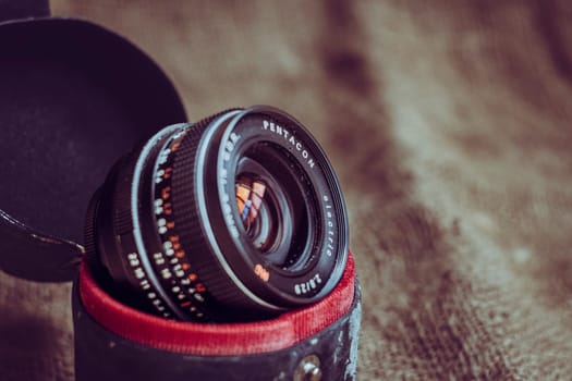 Antwerp, Belgium, June 2022, Illustrative Editorial: Shot of vintage Pentacon Electric camera lens, made in the DDR. Many enthusiasts mount vintage lenses on their digital camera.