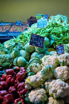 Vegetables with price tags in Hungarian currency in a market hall in Budapest