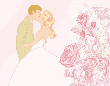 elegant wedding invitation with kissing wedding couple