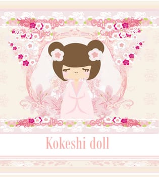 Kokeshi doll on the pink background with floral ornament