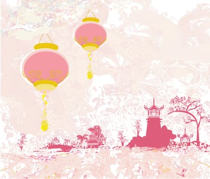 old paper with Asian Landscape and Chinese Lanterns - vintage japanese style background